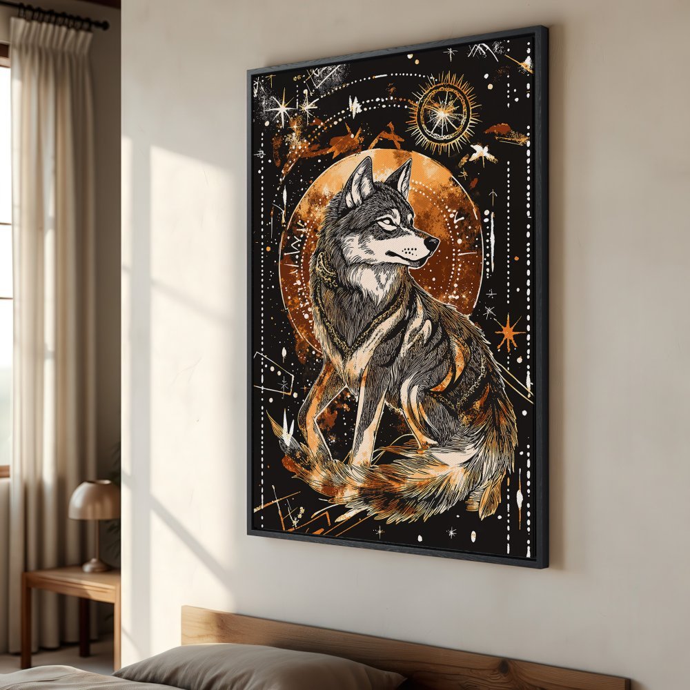 Framed Wall Art featuring a majestic wolf in a celestial, illustrative style. Warm earth tones and black background create a striking, artistic statement for your home.