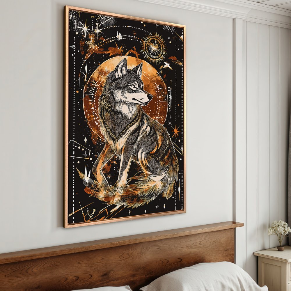 Framed Wall Art: Mystical wolf illustration in black, gold, and orange tones. Perfect for adding a touch of boho style to your space.