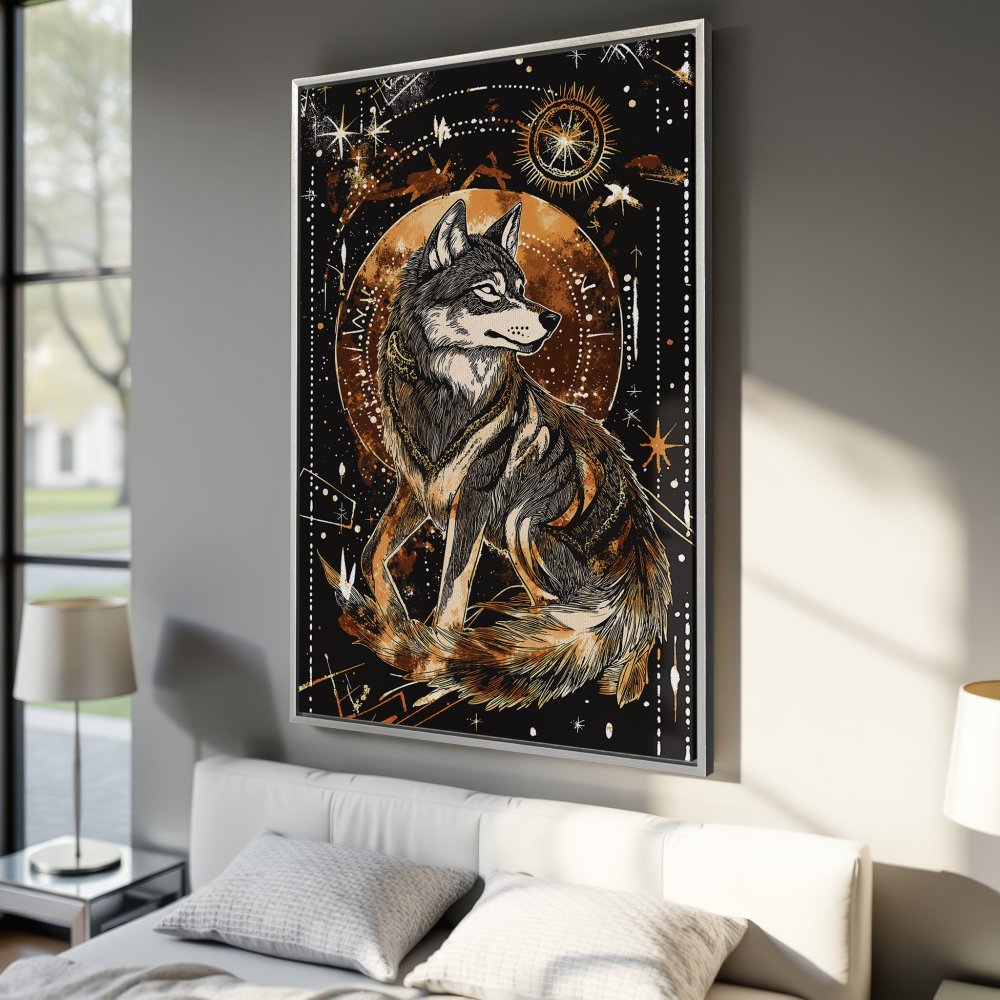 Framed Wall Art: Mystical wolf illustration in black, brown, and gold. Perfect for adding a touch of nature and art to your bedroom decor.