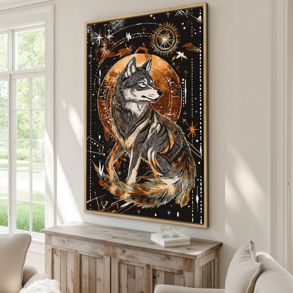 Framed Wall Art: Majestic wolf illustration in a celestial style. Rich black, gold, and brown color palette. Perfect for adding a touch of mystique to your home.