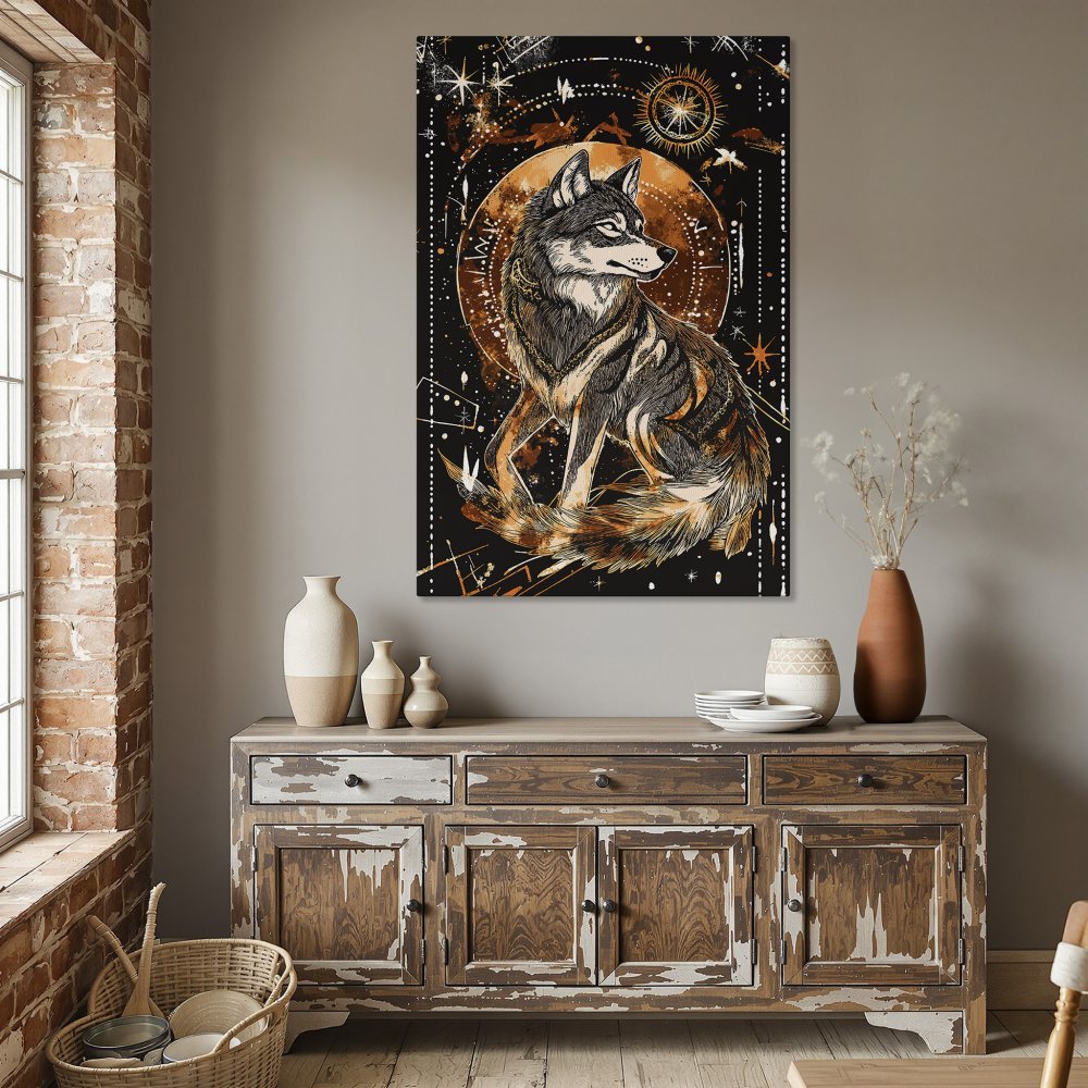 Framed Wall Art: Majestic wolf illustration in a celestial style, featuring a black, gold, and orange color palette. Perfect for home decor.