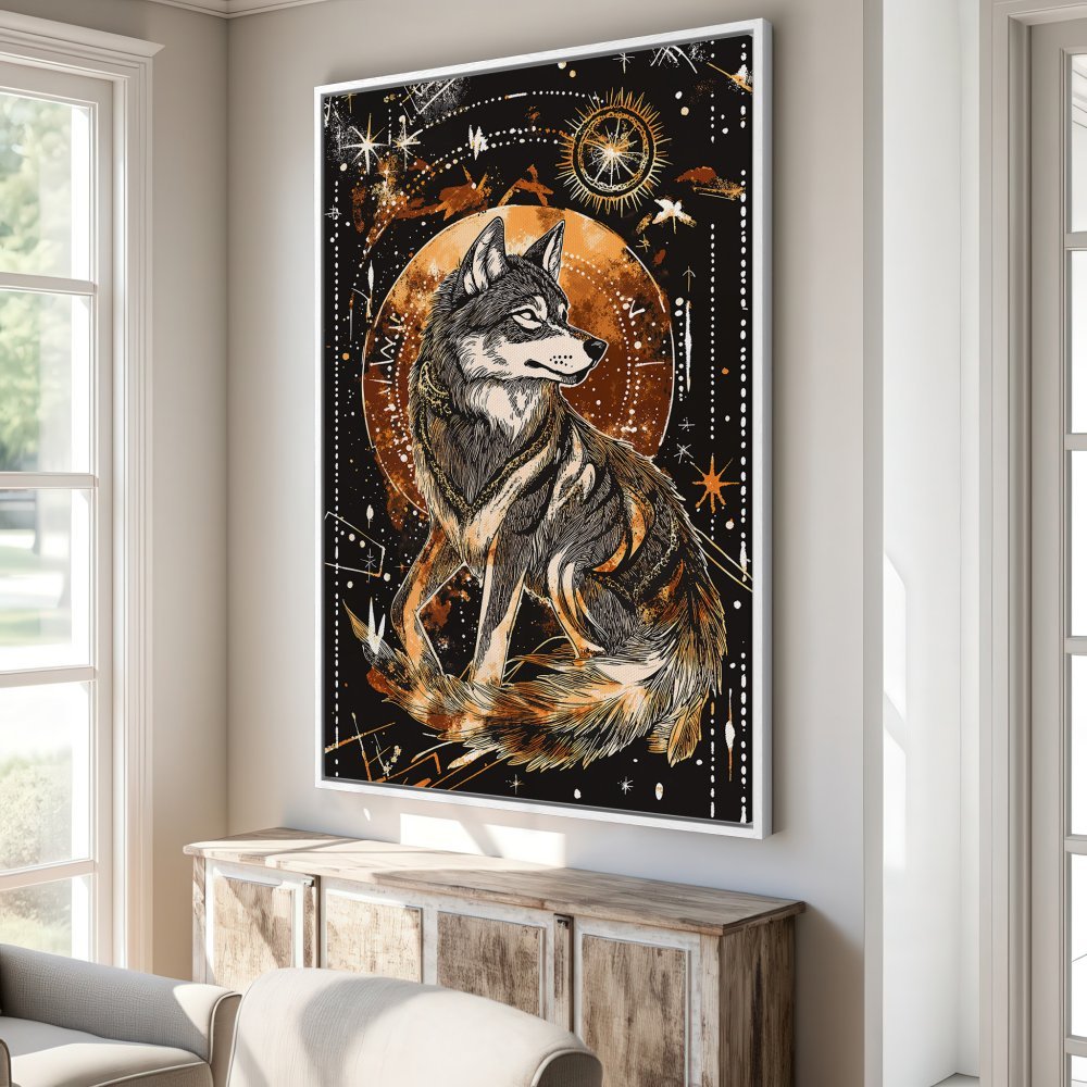 Framed Wall Art featuring a majestic wolf illustration in a celestial style with a warm, earthy color palette. Perfect for adding a touch of mystique!