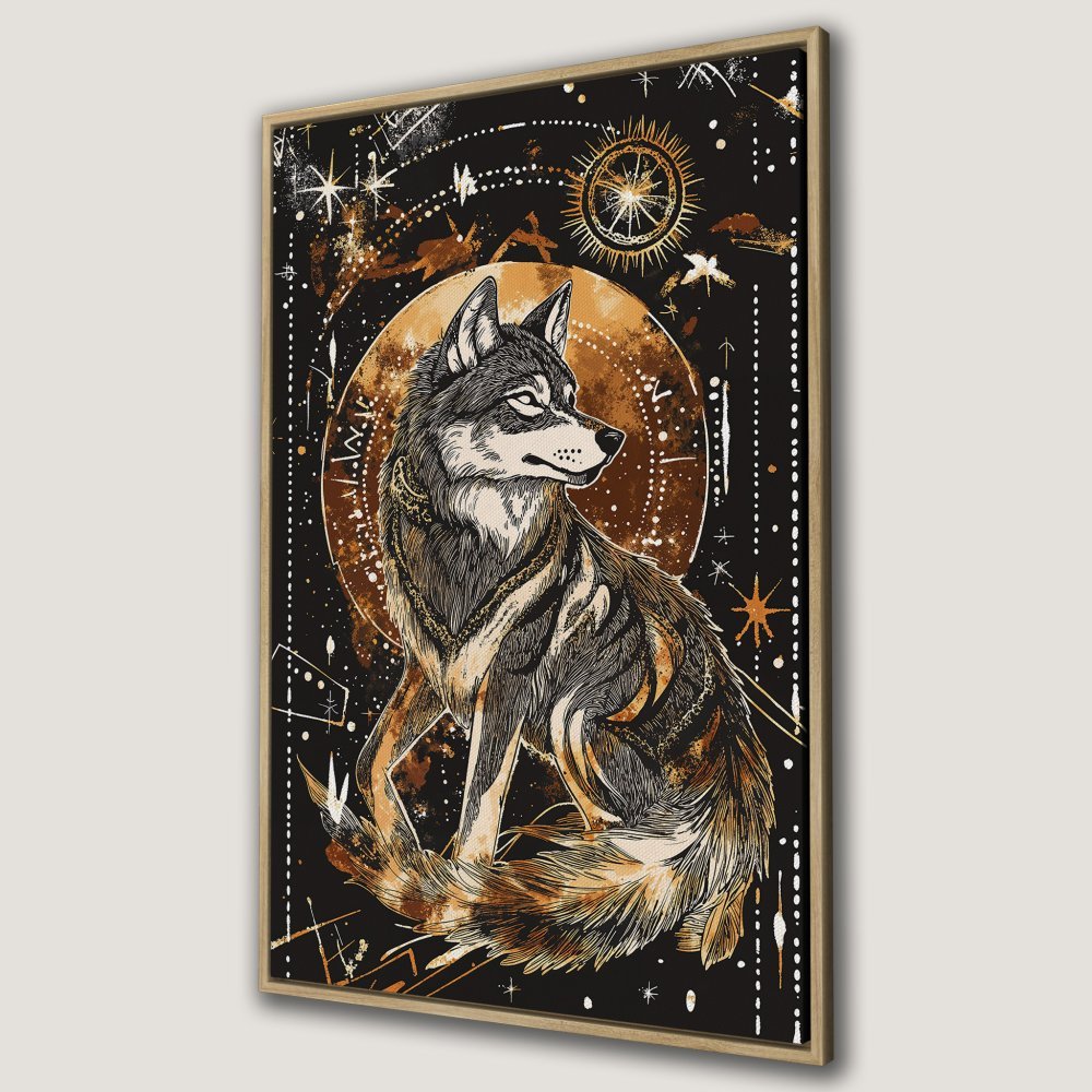 Framed Wall Art: Majestic wolf illustration in a celestial style, featuring a black, gold, and brown color palette. Perfect for adding a touch of mystique.