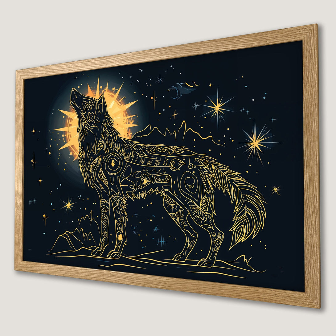 Framed Poster featuring a stylized wolf howling at the moon, in a gold and navy color palette. Perfect wall art!