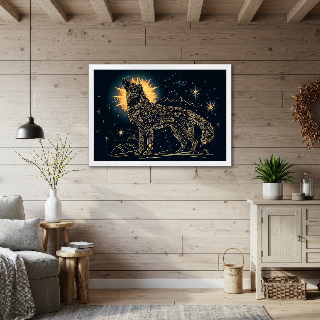 Framed Poster featuring a howling wolf in a celestial style, gold and navy color palette. Perfect wall art for a stylish home.