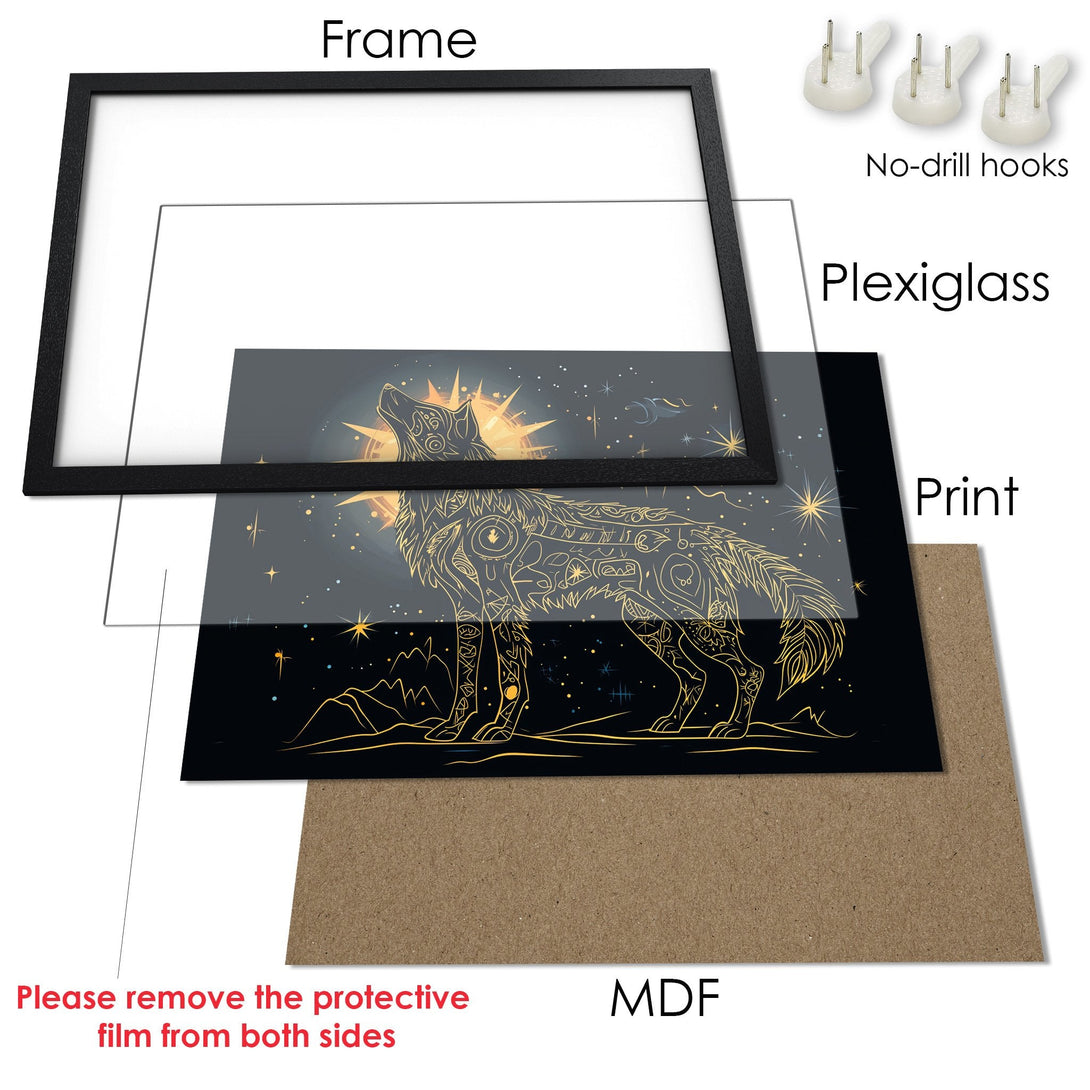 Framed Poster featuring a golden wolf design on a black background. Stylish art print with a celestial and mystical theme.