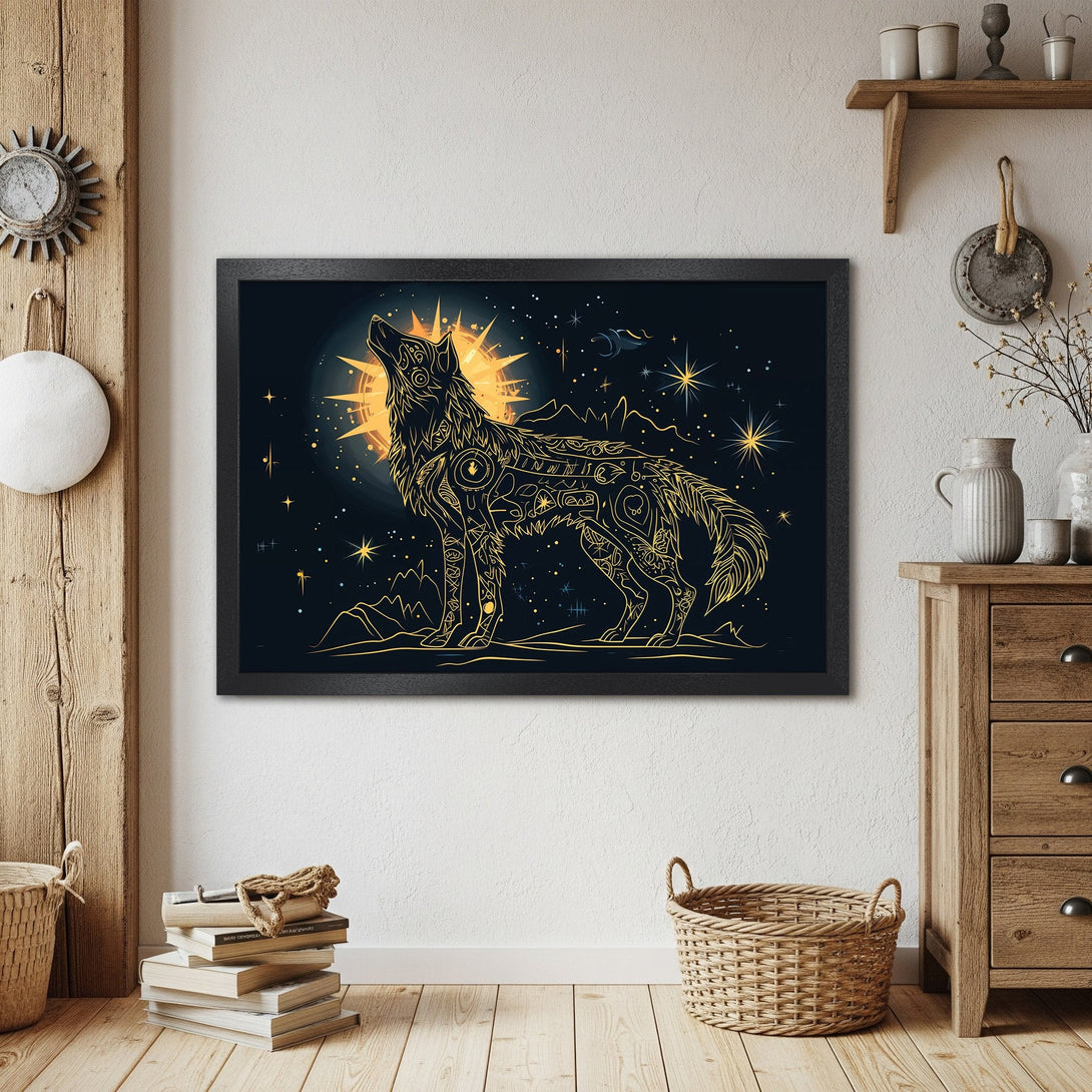 Framed Poster featuring a howling wolf in a celestial, gold-toned design. Perfect wall art for a mystical, boho aesthetic.