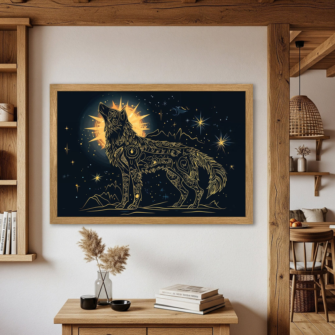 Framed Poster featuring a howling wolf in a celestial design. Stunning gold and dark blue color palette. Perfect wall art for any space!