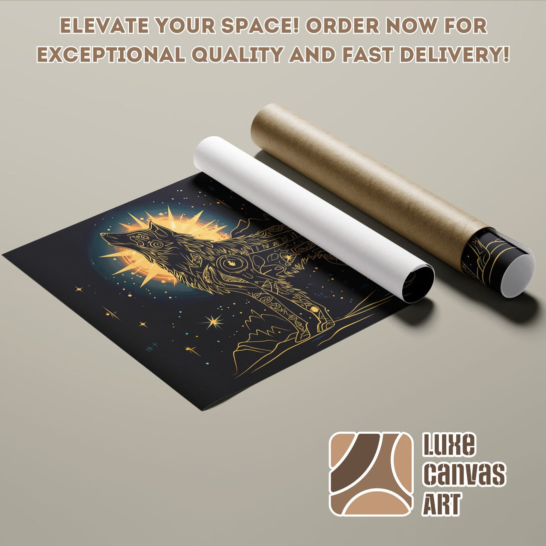 Wolf Poster Roll art print in black, gold, and blue. Perfect wall decor!