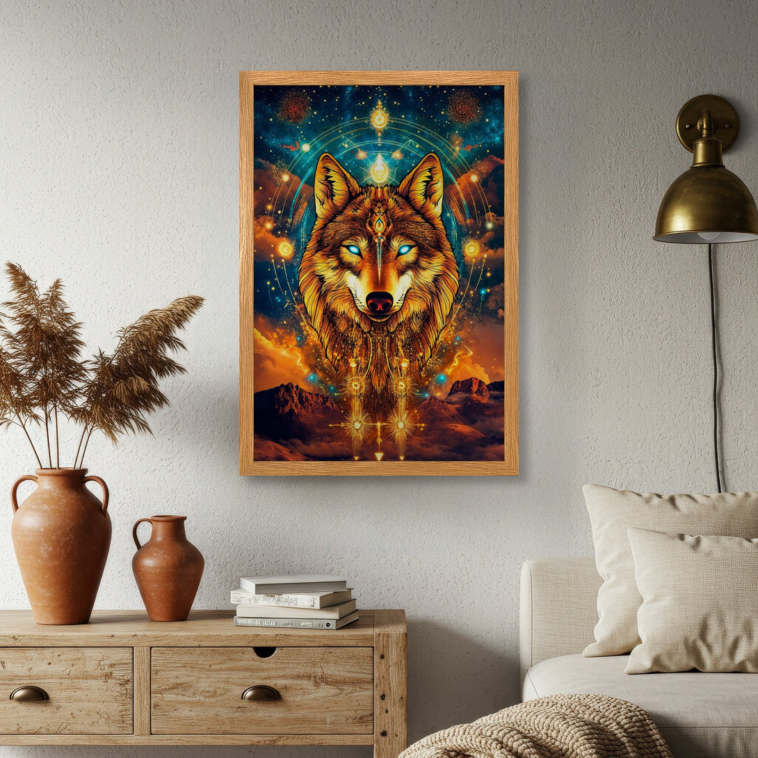 Framed Poster featuring a mystical wolf illustration. Vibrant, celestial style with warm orange and blue color palette. Perfect wall art!