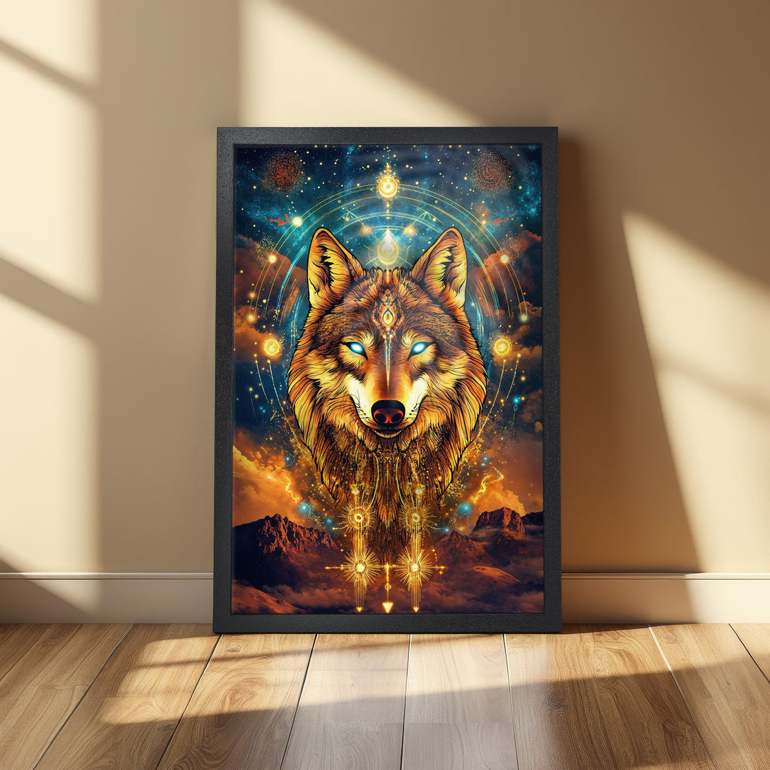 Framed Poster: Mystical wolf art print in vibrant gold, blue, and orange. Perfect for wall decor & home accents. Shop the celestial poster now!