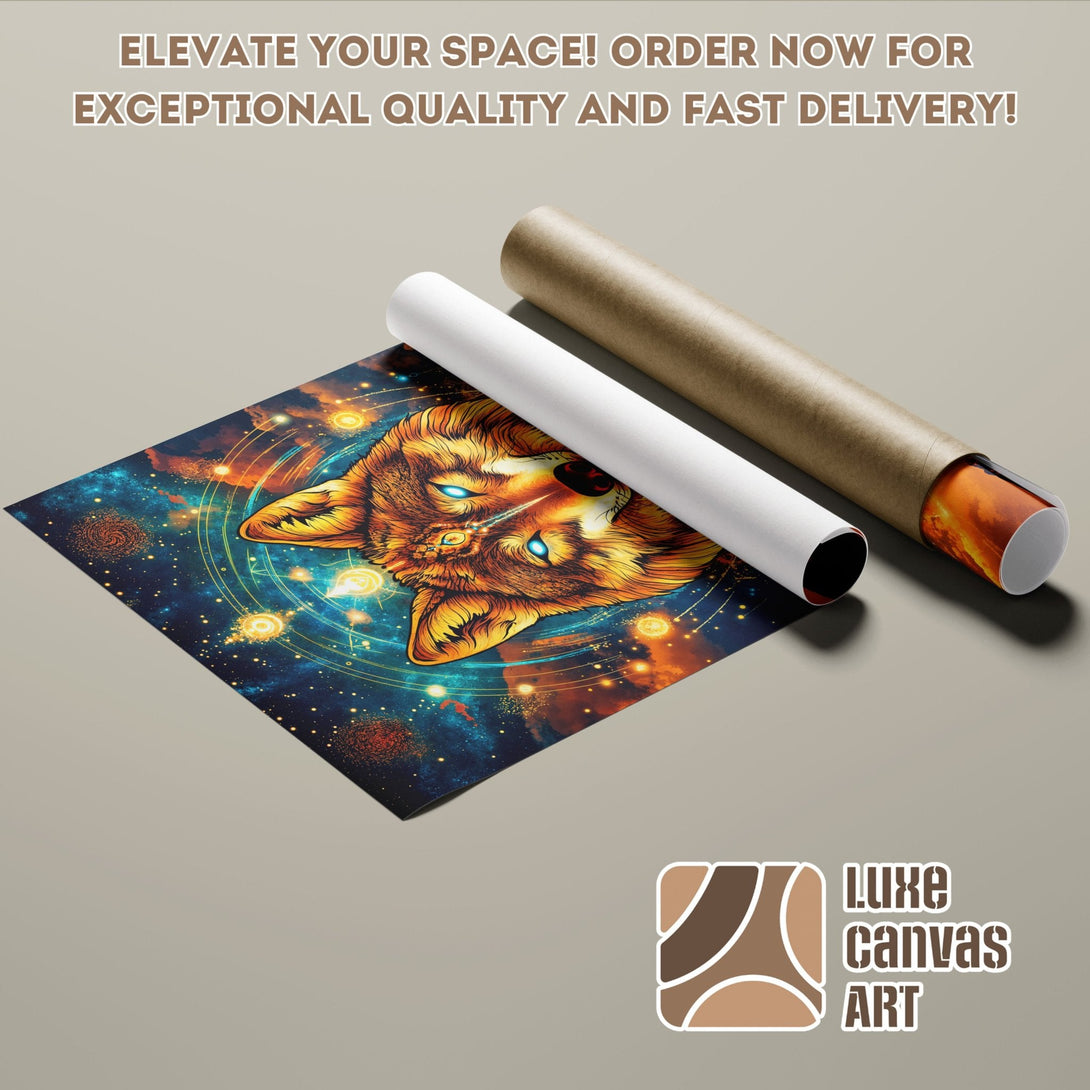 Poster Roll featuring a vibrant wolf art print in a cosmic style, with a blue and orange color palette. Order yours today!