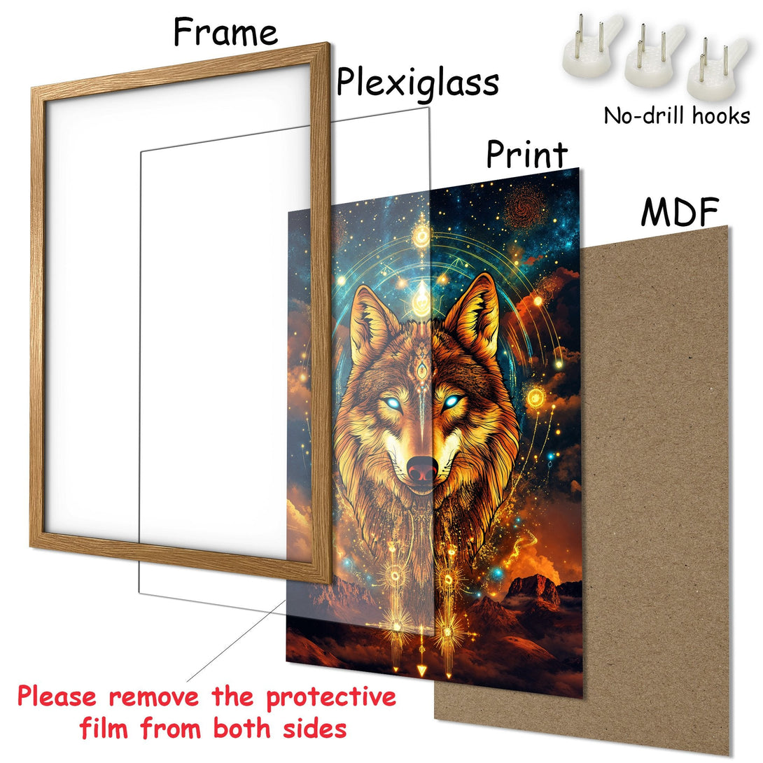 Framed Poster featuring a mystical wolf illustration, vibrant colors, and a celestial style. Perfect wall art!