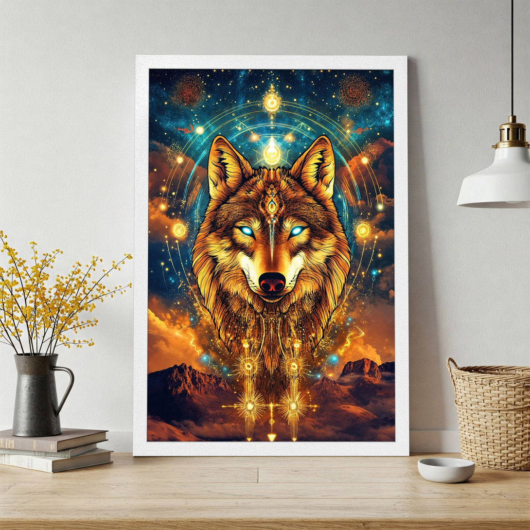 Framed Poster featuring a majestic wolf illustration in a mystical style with a vibrant blue, orange, and gold color palette.