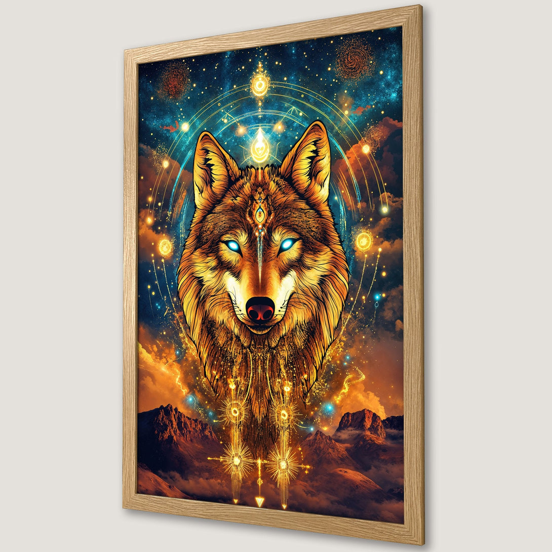 Framed Poster featuring a mystical wolf in a cosmic style with a warm orange and blue color palette. Perfect wall art!