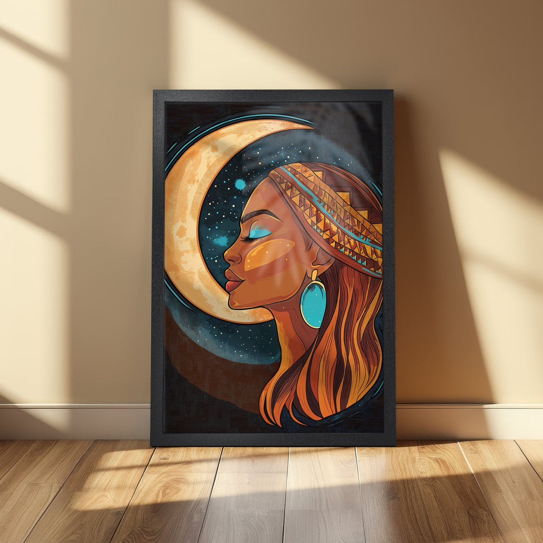 Framed Poster featuring a woman with moon art. Modern style, warm color palette with teal accents. Perfect wall decor.
