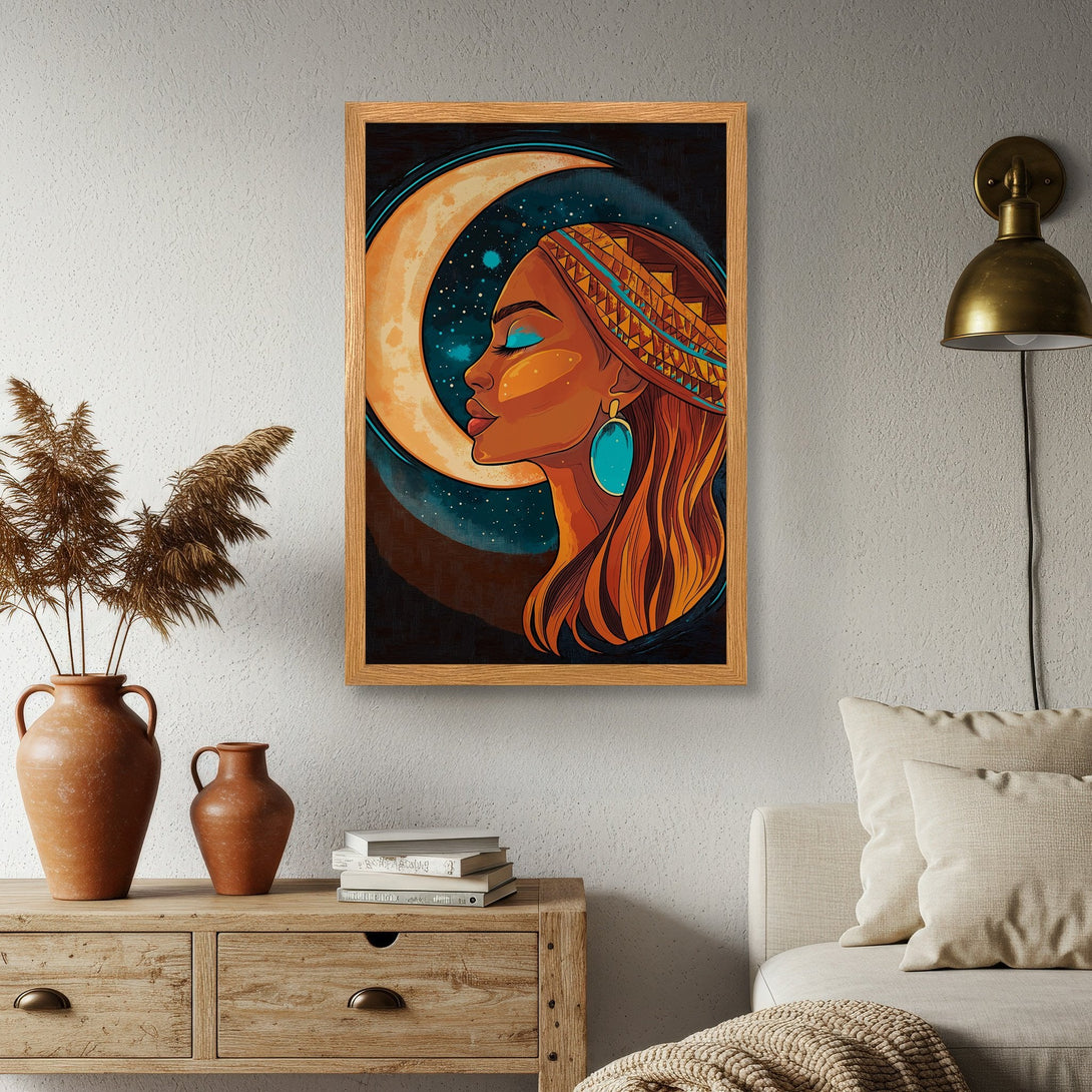 Framed Poster featuring a woman and moon, vibrant illustration style, warm orange, teal, and blue color palette, perfect wall art.