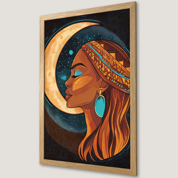 Framed Poster featuring a woman with a moon backdrop. Vibrant illustration style with warm orange, blue, and brown tones. Perfect wall art!