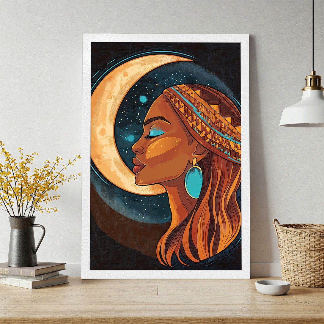 Framed Poster featuring a woman and moon illustration in a vibrant, warm color palette. Perfect wall art for your home!
