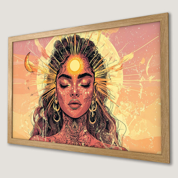 Framed Poster: Woman with closed eyes, spiritual art in warm orange and pink tones. Perfect wall decor.