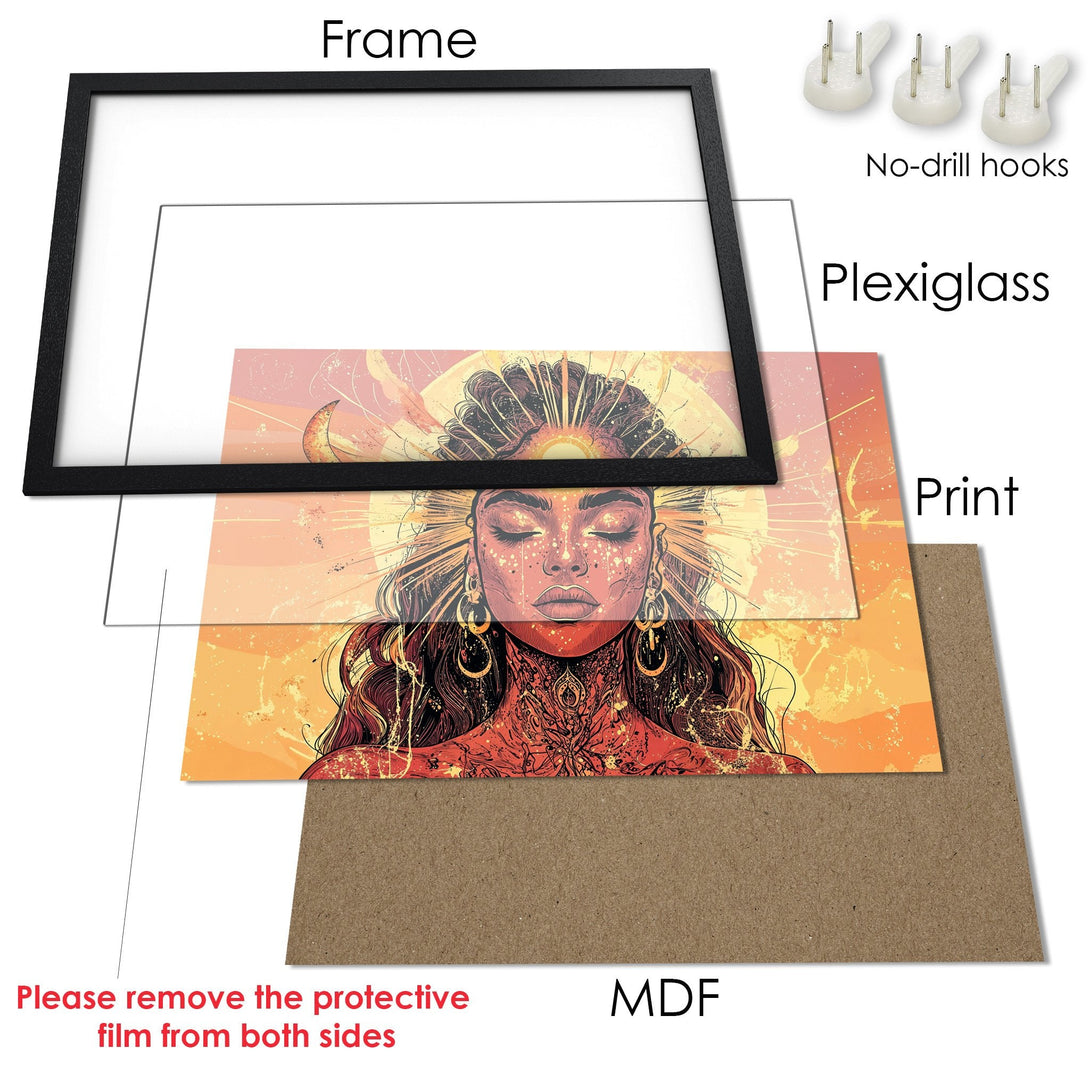 Framed Poster featuring a vibrant woman with a halo, in warm orange and red tones. Perfect wall art to elevate your space.