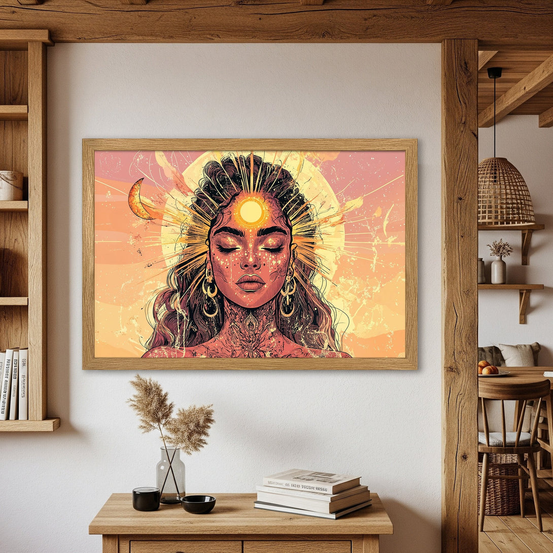 Framed Poster featuring a mystical woman illustration in warm orange and yellow tones. Perfect art for your home!