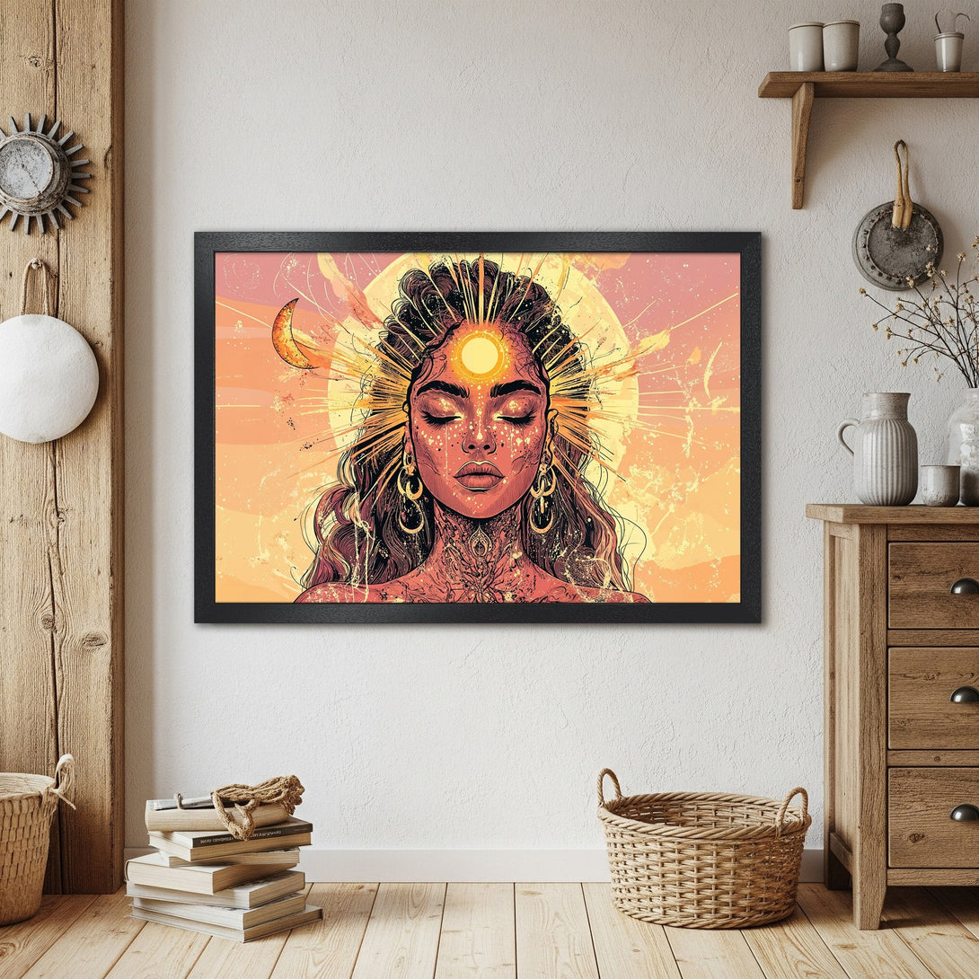 Framed Poster of a woman with sunburst design, warm yellow and orange color palette, boho style art print.