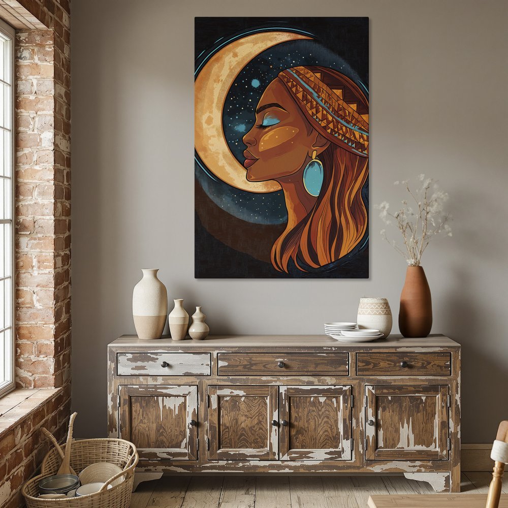 Framed Wall Art: Woman with moon art print in warm earth tones. Boho style canvas print for living room or dining room decor.