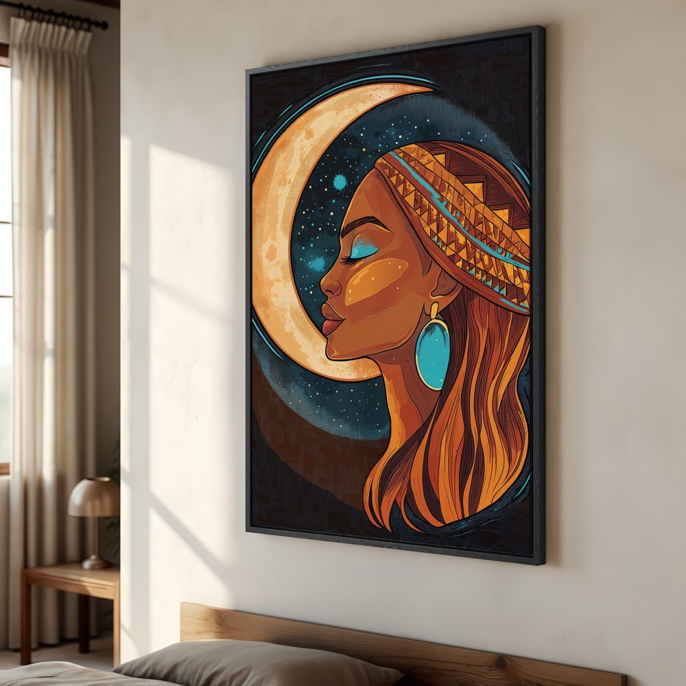 Framed Wall Art: Stunning illustration of a woman with a crescent moon in a vibrant, warm color palette. Perfect for adding a touch of art to your space!