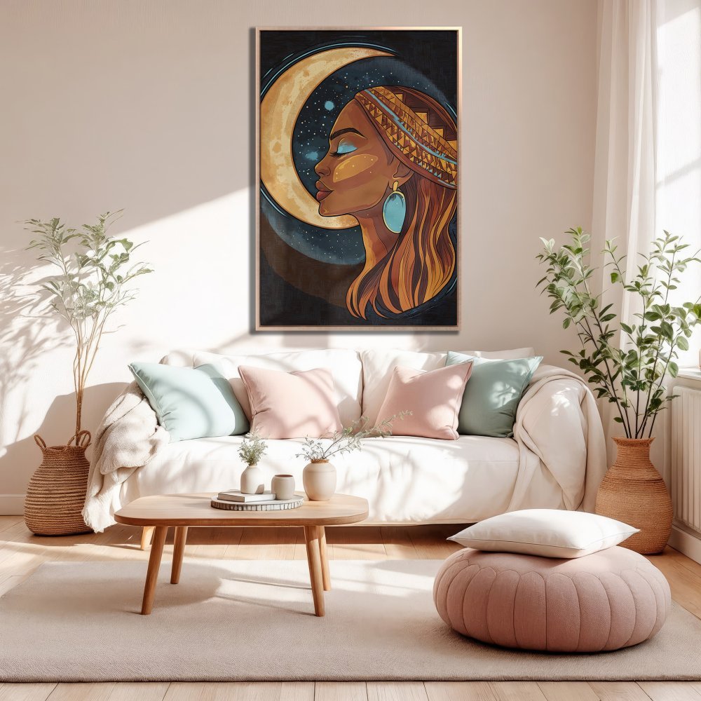 Framed Wall Art featuring a woman in profile with a moon backdrop. Warm earth tones and teal accents. Perfect for bohemian home decor.