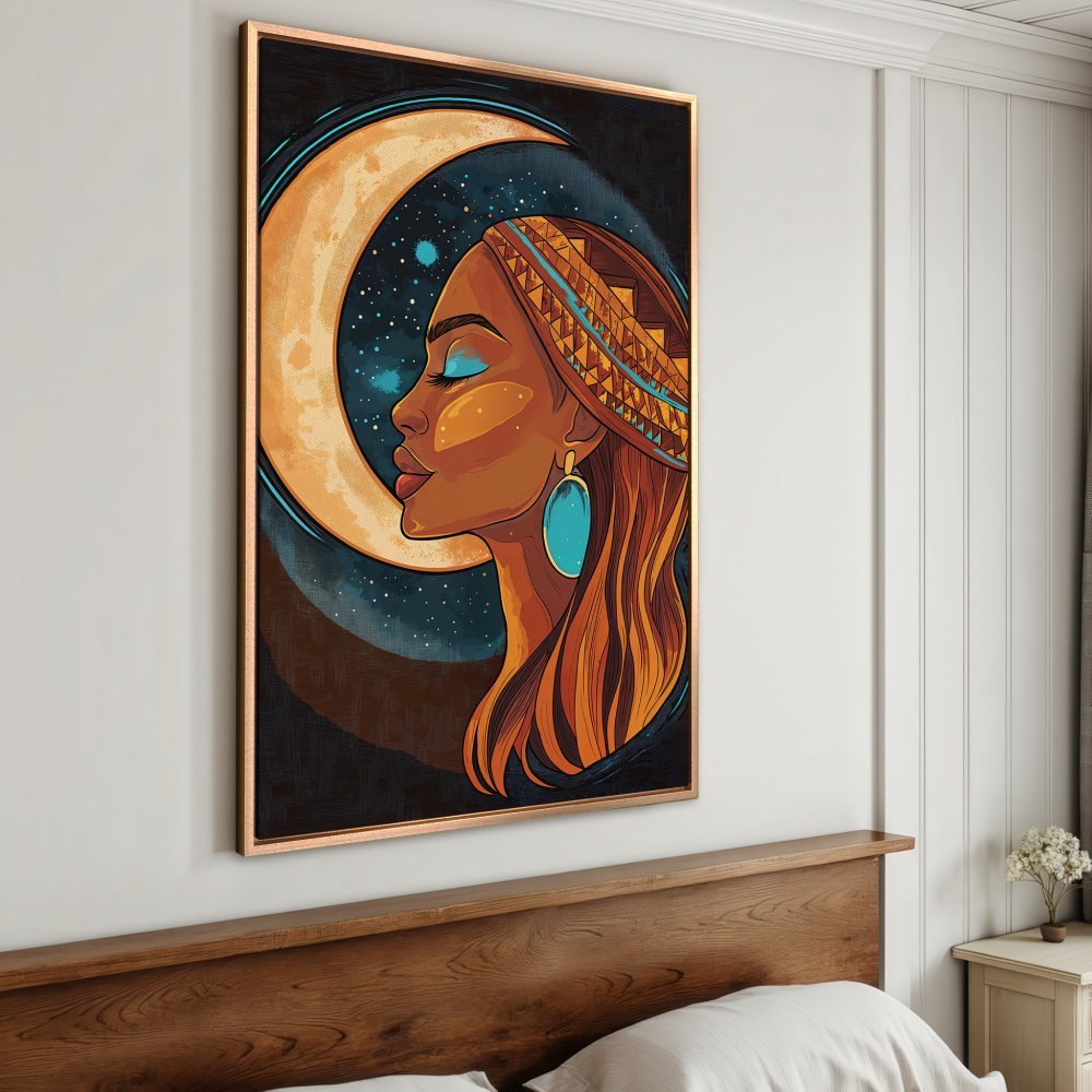 Framed Wall Art: Stunning woman with moon, vibrant teal & orange palette. Modern art for your home. Shop canvas prints now!
