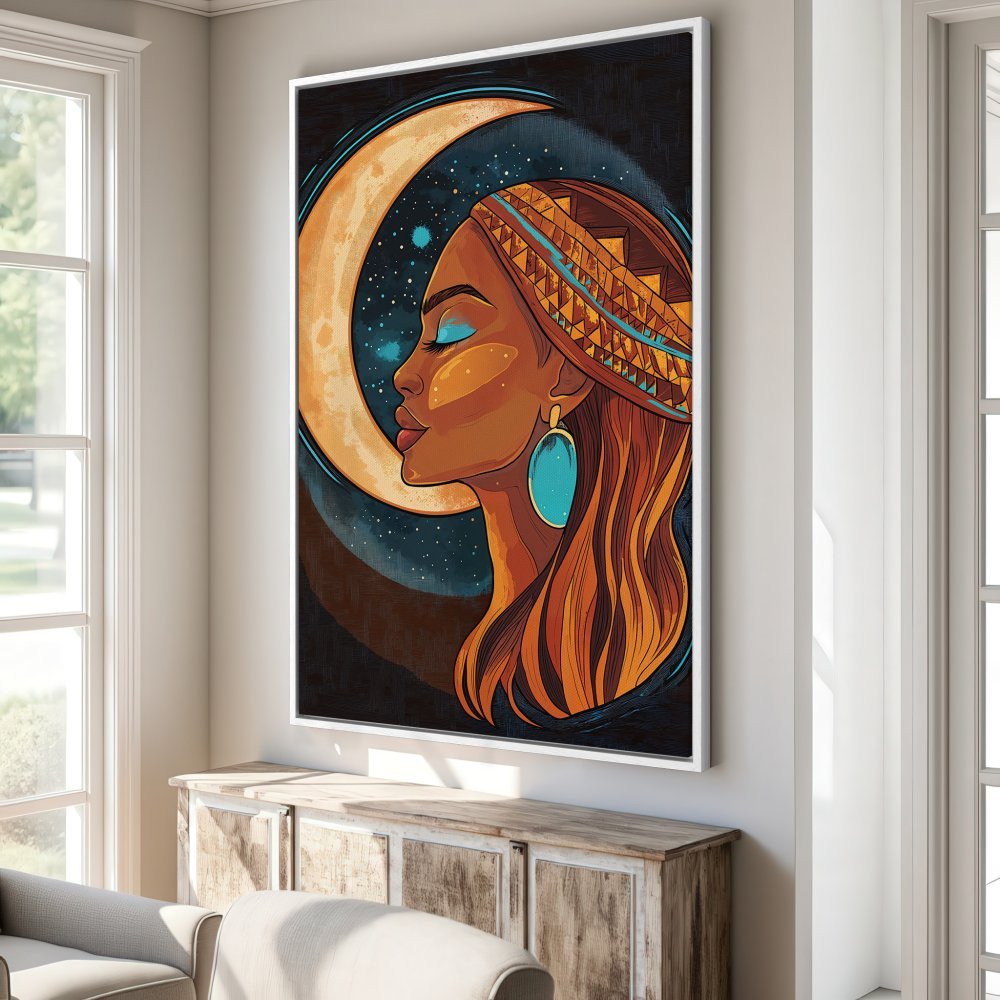 Framed Wall Art: Stunning woman with moon illustration in warm tones. Perfect for boho decor. Add this vibrant Canvas Print to your space!