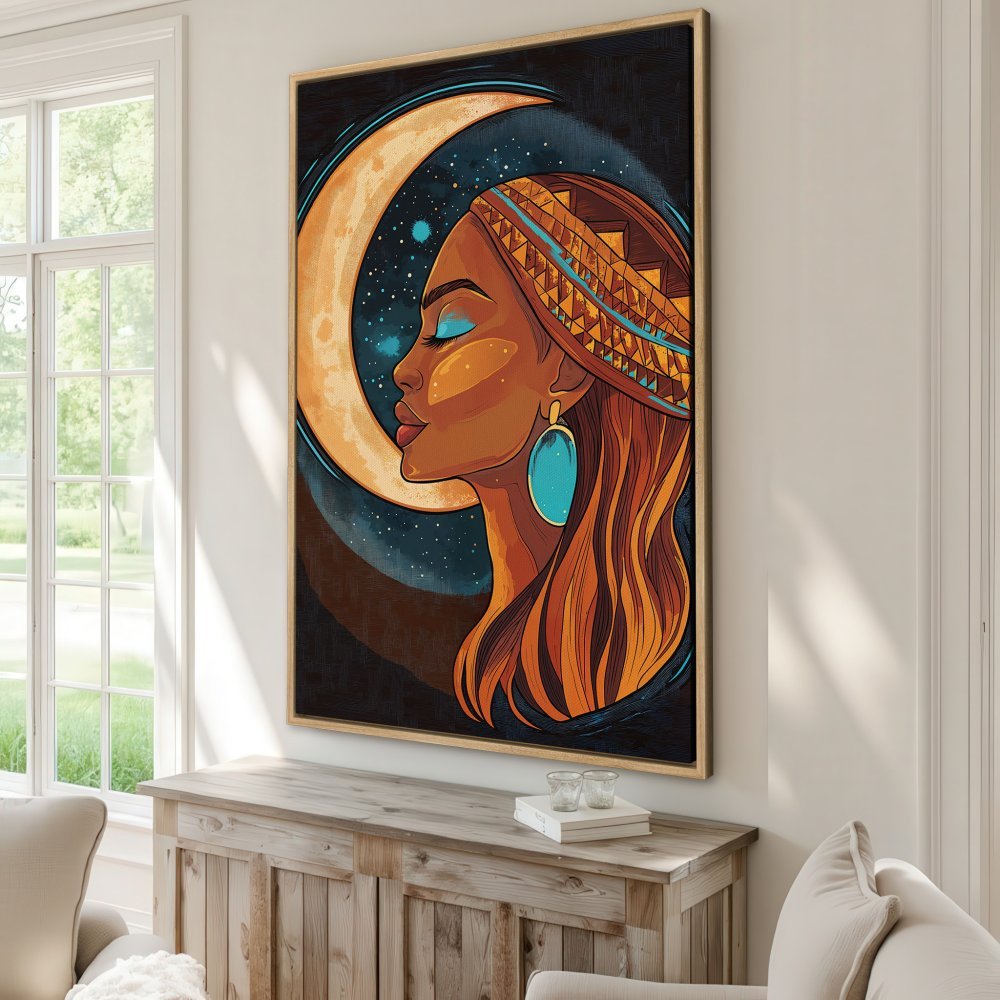 Framed Wall Art: Stunning woman with moon, vibrant colors in a modern art style. Perfect for adding a touch of elegance to your home decor.