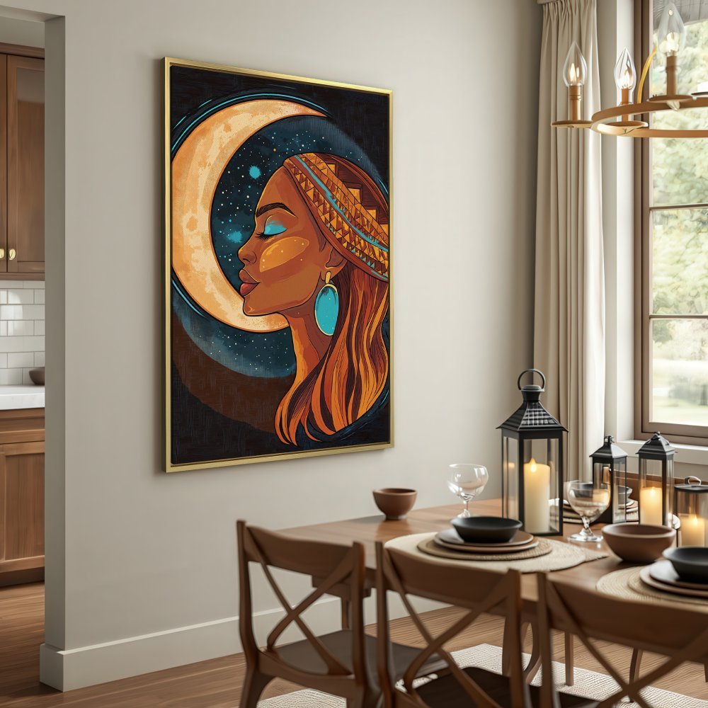 Canvas Print featuring a woman with moon, warm earth tones & teal accents. Boho wall art for a stylish interior.