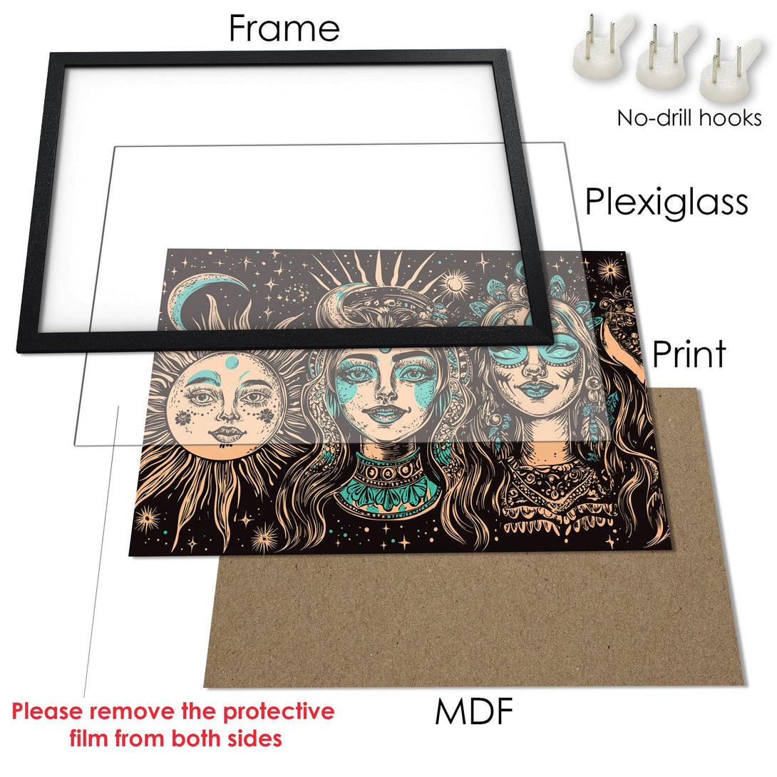 Framed Poster featuring a celestial woman illustration in a boho style with a black, teal, and beige color palette. Ready to hang!