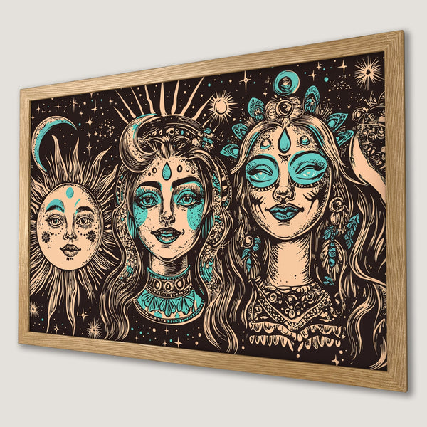 Framed Poster featuring celestial women illustration in boho style, with teal and beige color palette. Perfect wall art!
