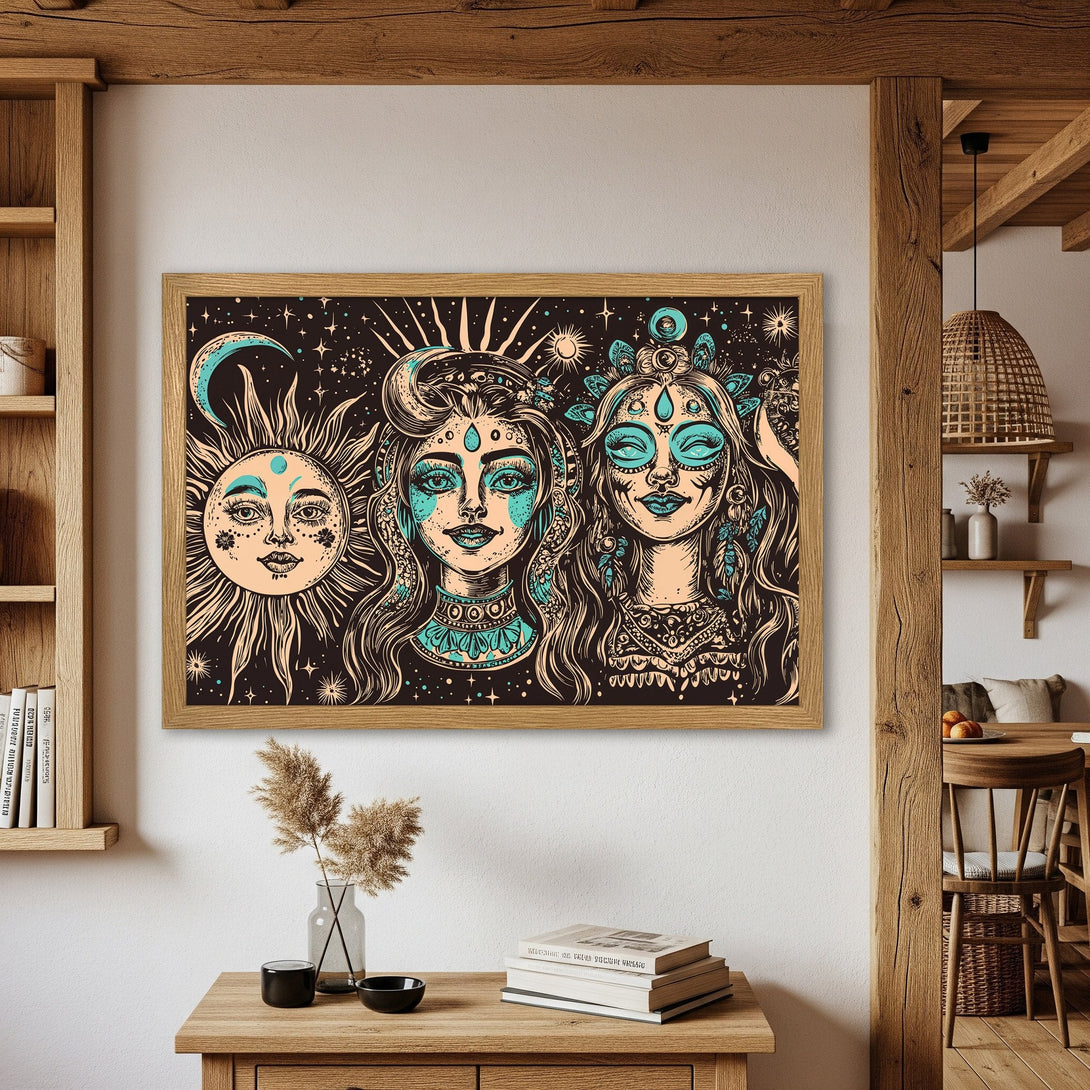 Framed Poster featuring celestial women illustration in a boho style with a teal and tan color palette. Perfect wall art for your home!