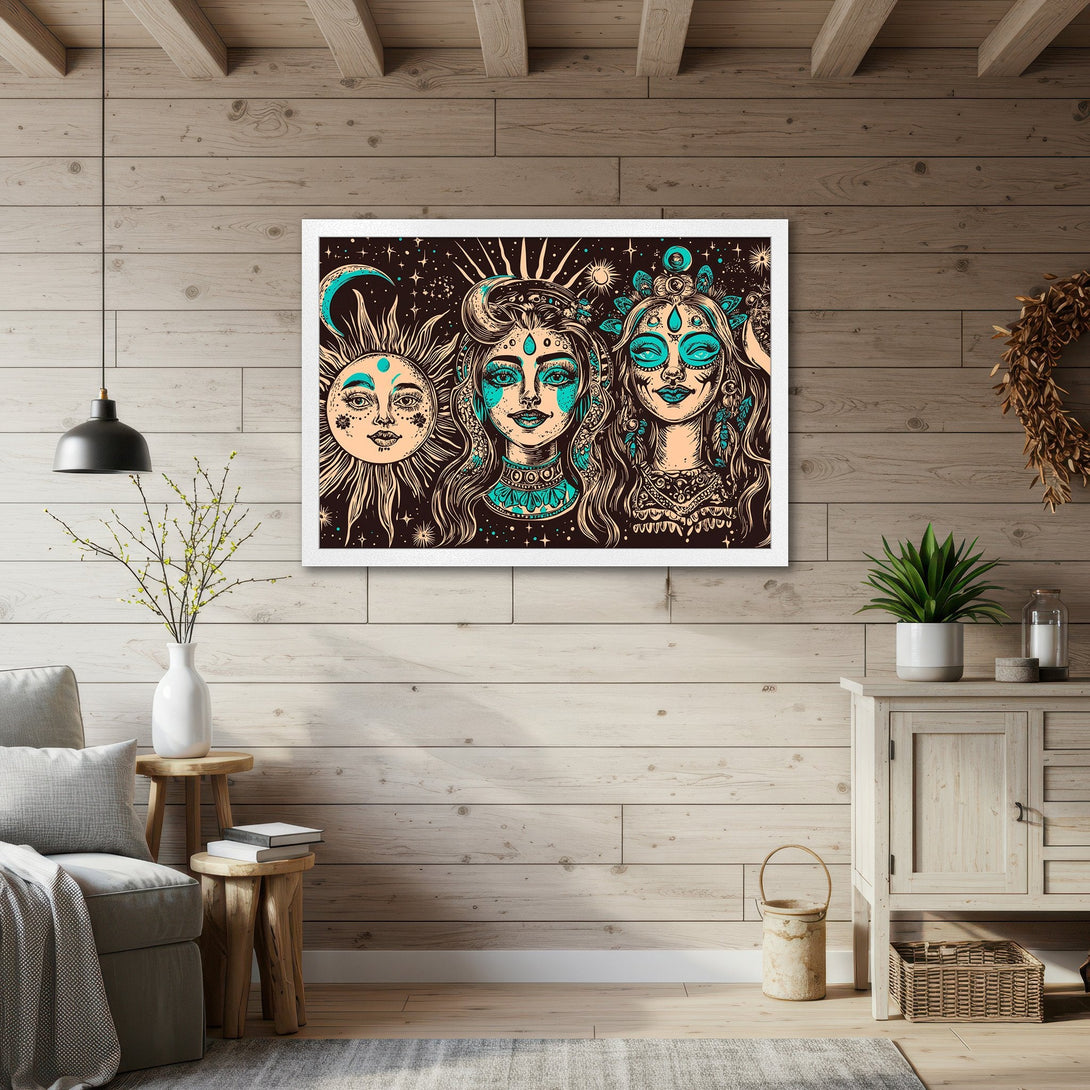 Framed Poster featuring celestial goddesses in a boho style with teal and brown tones. Add a touch of magic to your space!