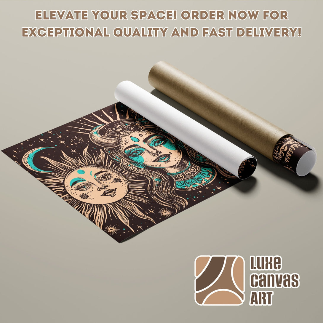 Poster Roll featuring celestial art in brown, teal, and beige. Elevate your space with this unique poster!
