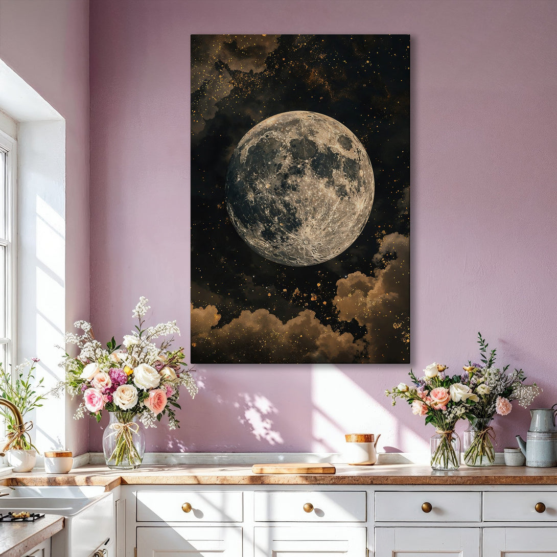 Framed Wall Art featuring a stunning moon in a celestial night sky. Adds a touch of mystery and elegance with its gold, black, and neutral color palette. Perfect for any space!