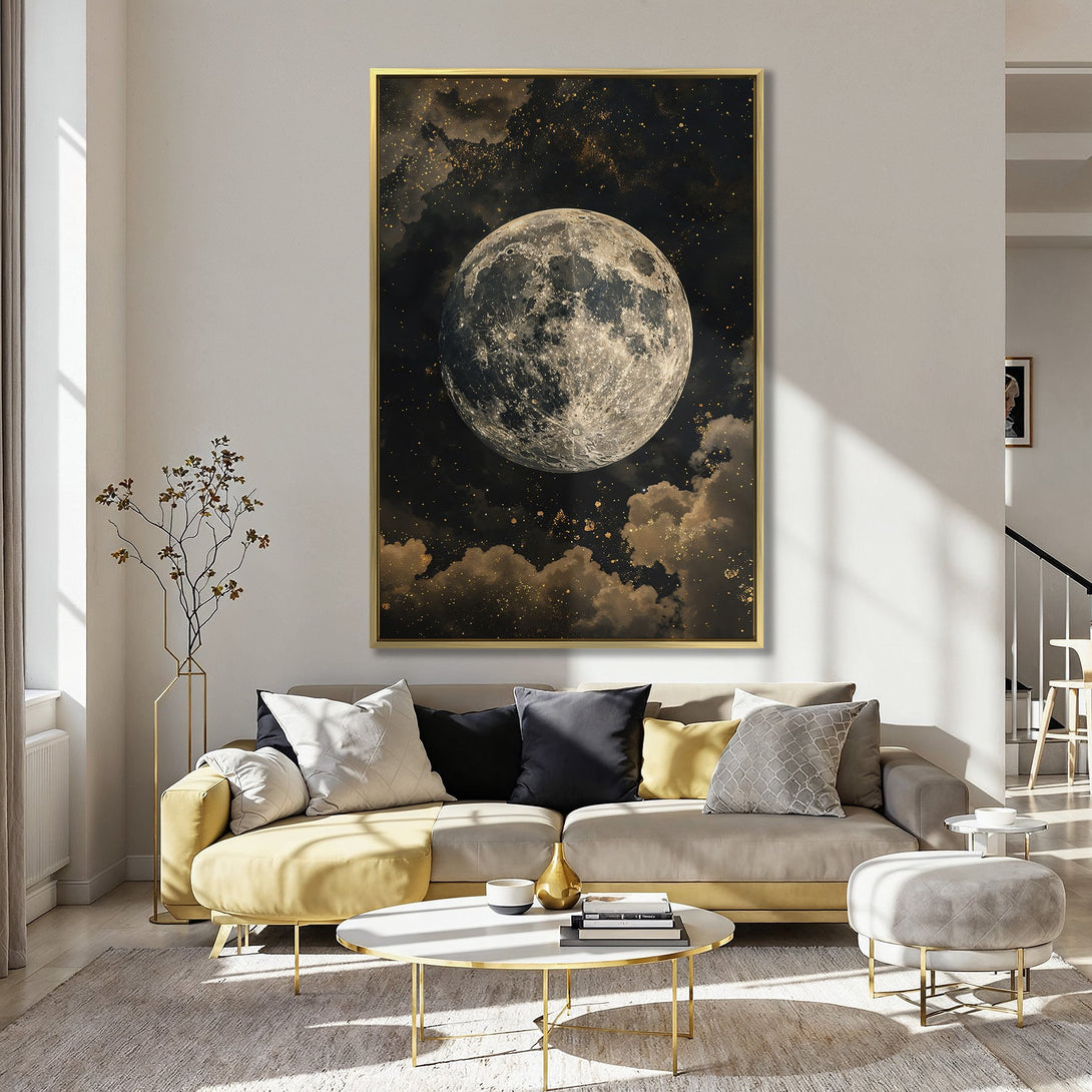 Canvas Print of a celestial moon scene, featuring a dark, dramatic style with a gold and black color palette. Perfect for adding a touch of mystery!