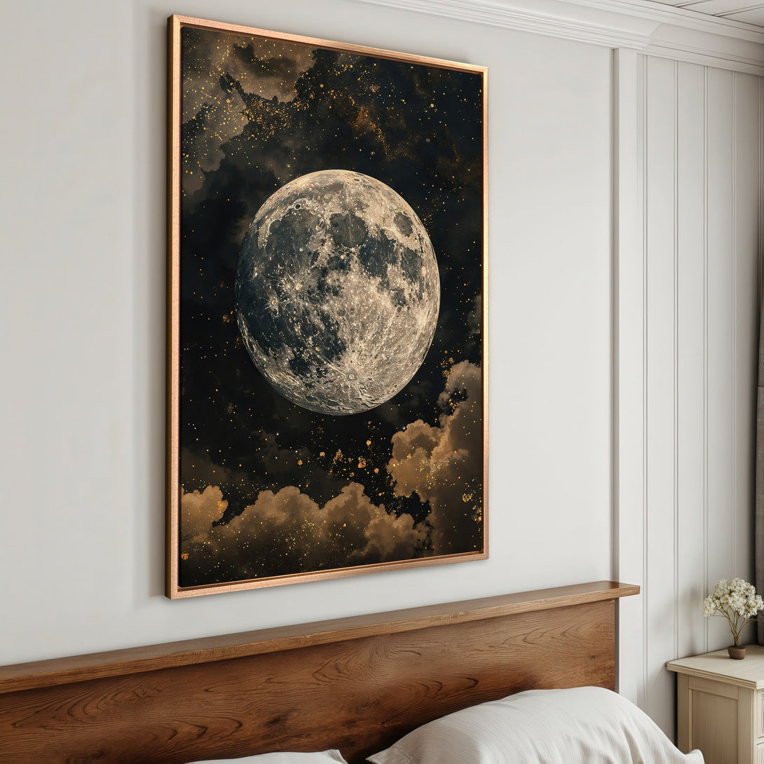 Framed Wall Art featuring a moon and clouds in a dark, celestial style. Warm gold and black color palette. Perfect for bedroom decor.