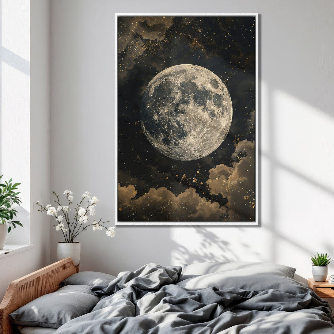 Framed Wall Art featuring a stunning moon and starry night sky. Earthy tones and celestial art create a calming bedroom aesthetic. Shop now for unique wall decor!