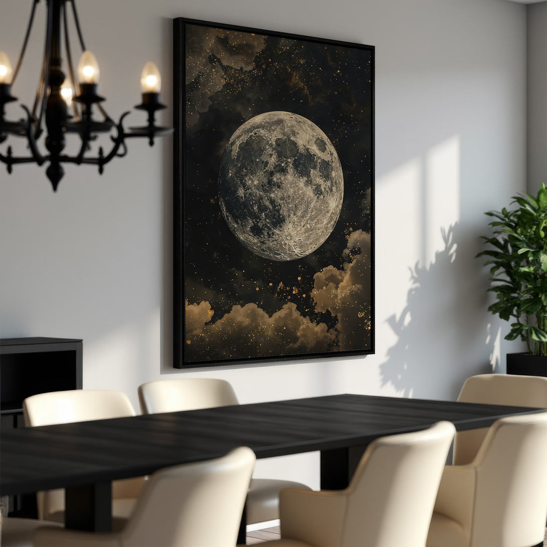 Framed Wall Art featuring a celestial moon scene in a dark, moody palette. Perfect for adding a touch of mystery and elegance to any space.