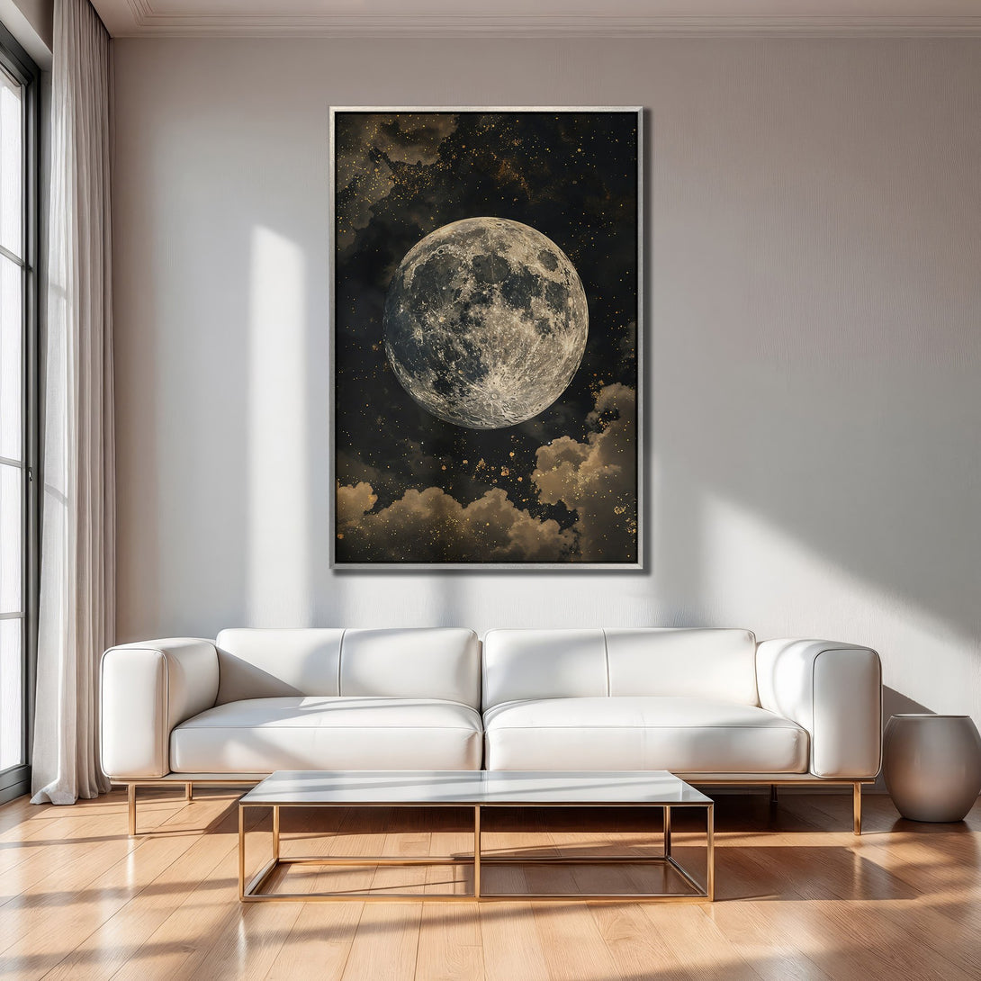 Framed Wall Art: Majestic moon canvas print in a dark, celestial scene. Earthy tones and gold accents create a stunning, modern aesthetic.
