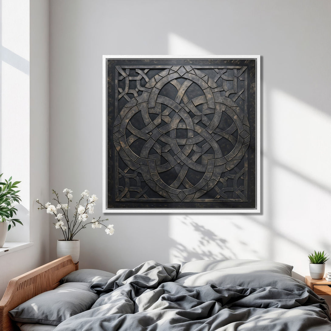 Framed Wall Art featuring a geometric design in a dark, metallic color palette. Modern decor for bedroom.