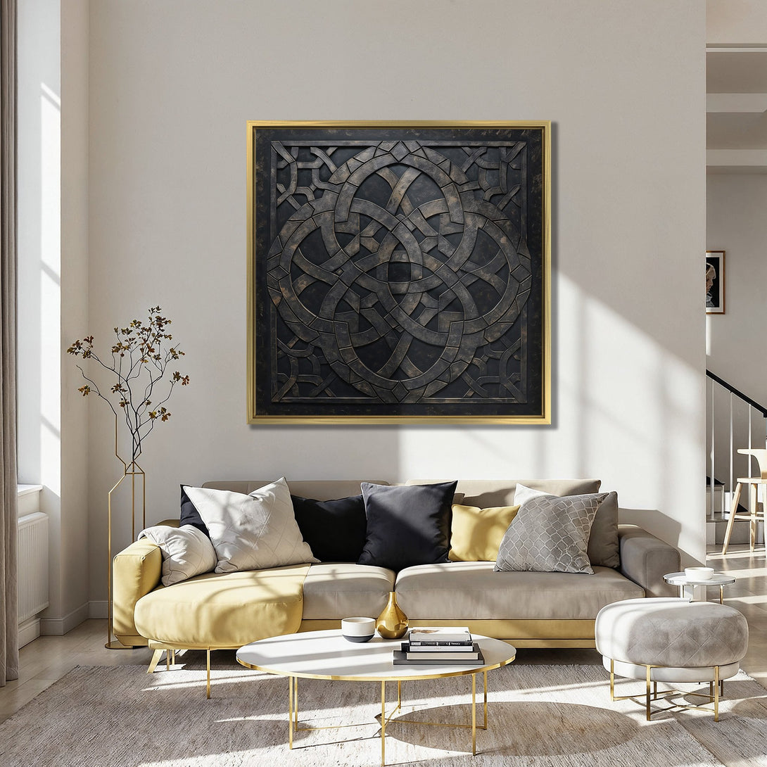 Framed Wall Art: Bronze geometric design canvas print in a stylish interior. Features a teal and orange color palette, perfect for modern home decor.