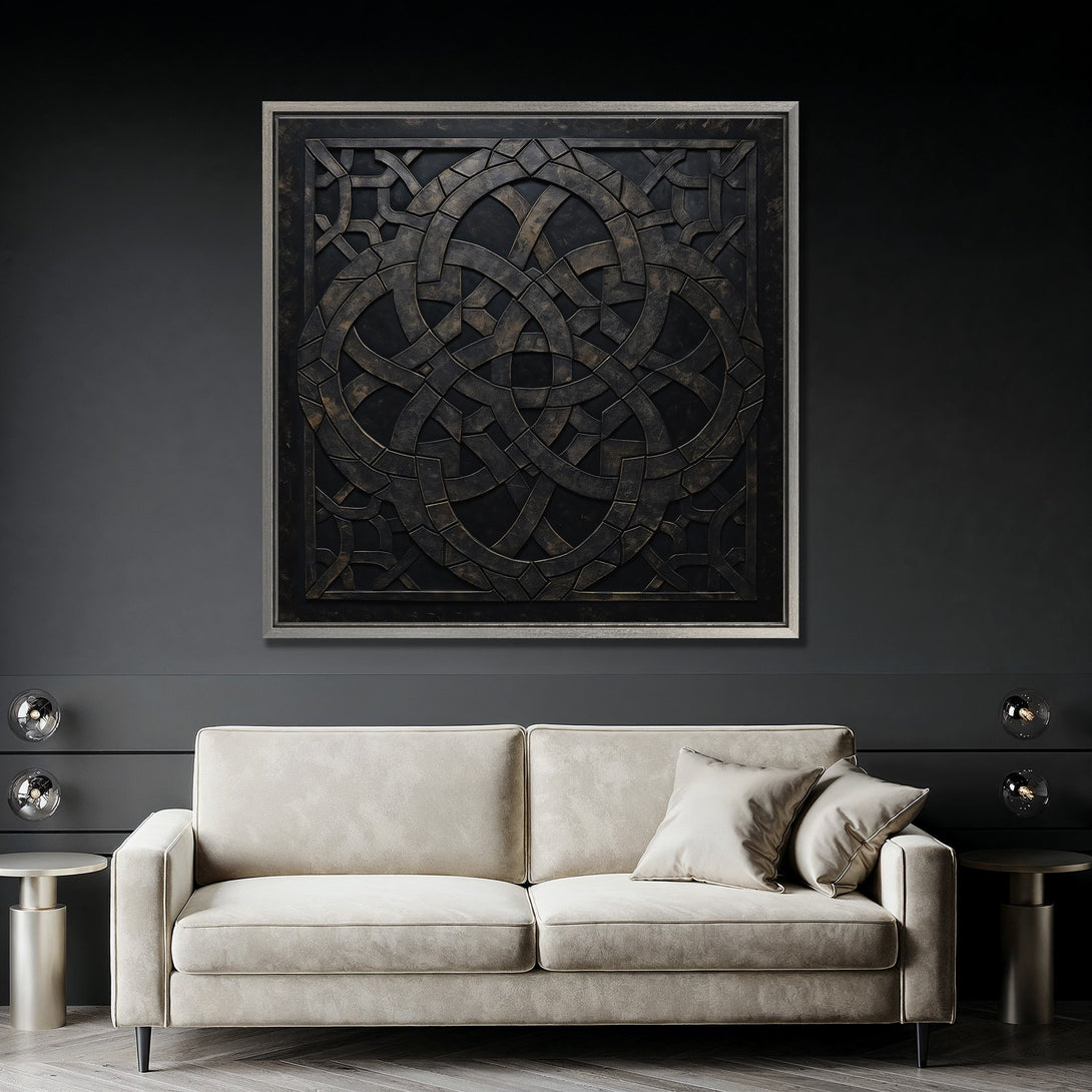 Framed Wall Art: Abstract geometric design in dark bronze tones. Modern, elegant decor with a neutral color palette. Perfect for living rooms & bedrooms.