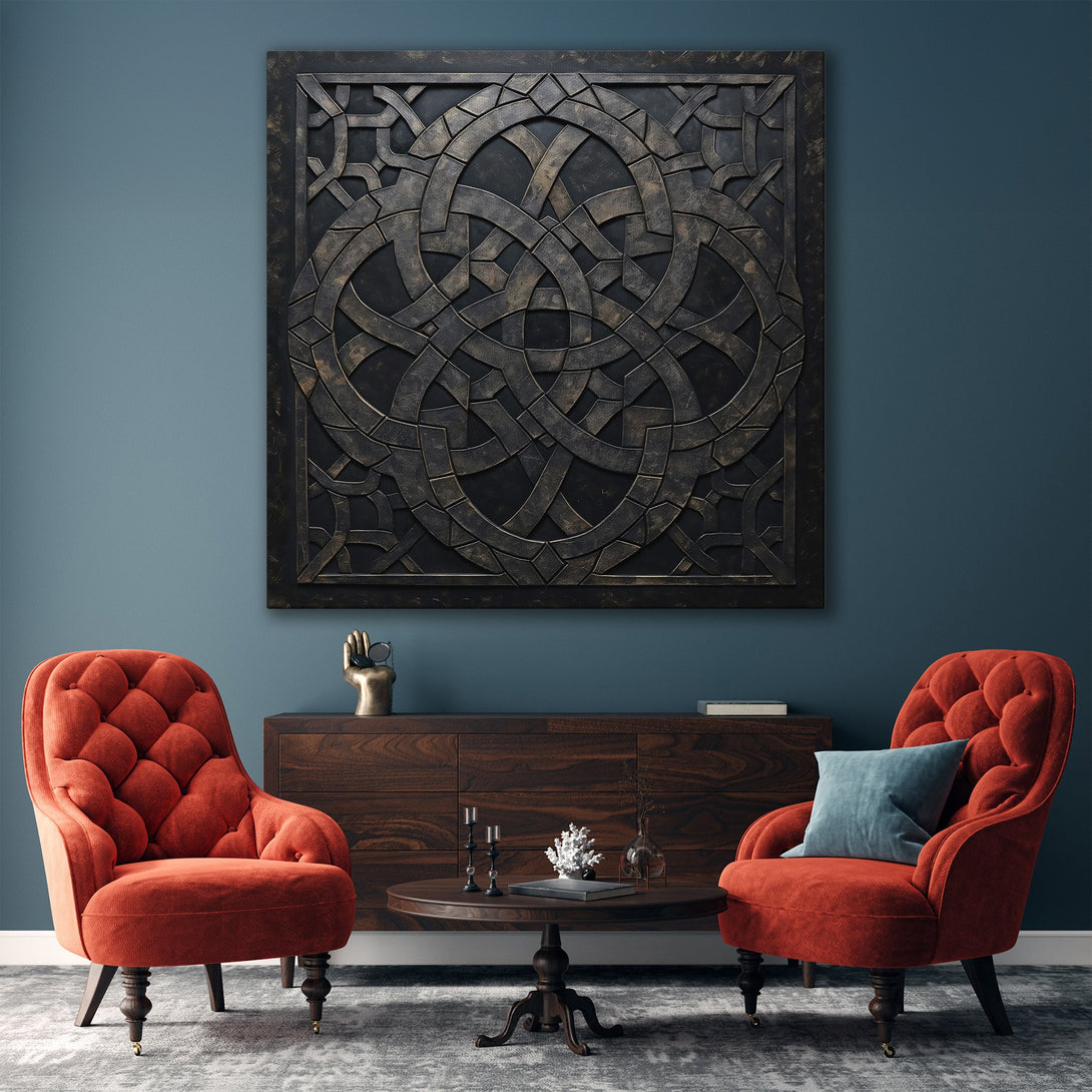 Framed Wall Art: Modern geometric design in dark bronze, gold frame. Adds elegance to any living room. Warm neutral color palette. Shop now!