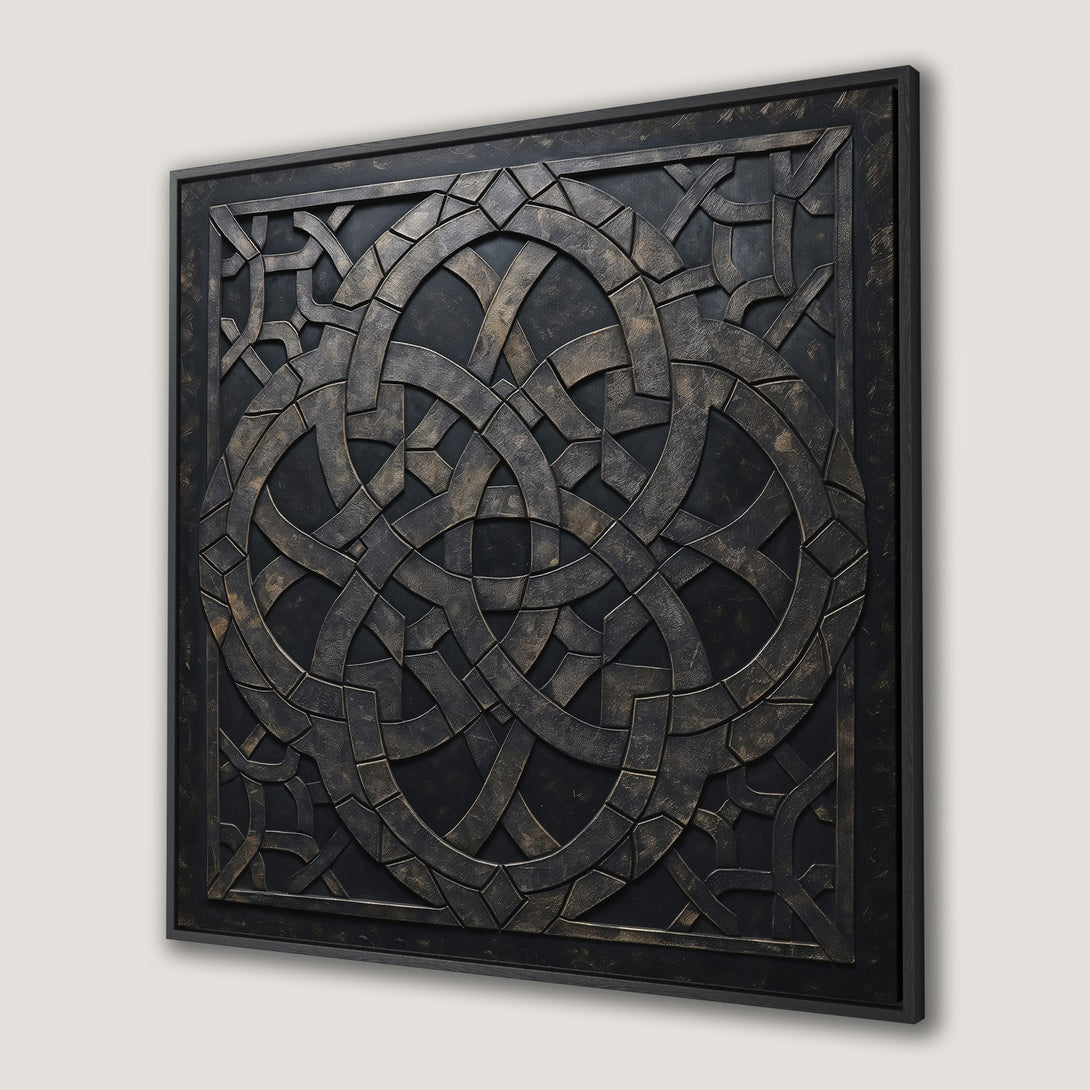 Framed Wall Art: Geometric Celtic knot design in black and bronze. Modern, textured canvas print perfect for adding a touch of sophistication to any space.